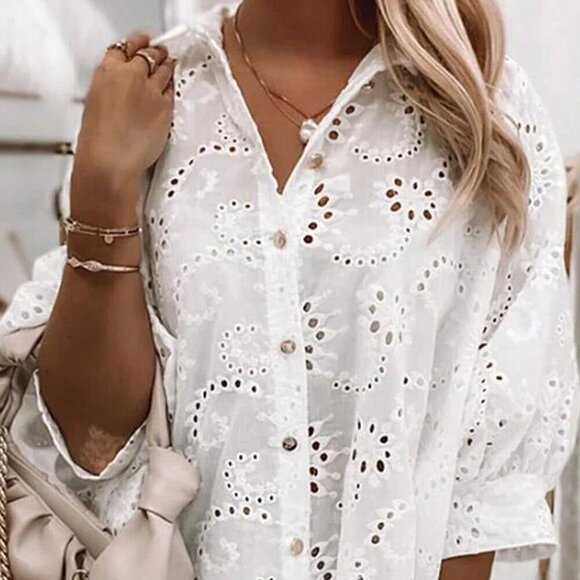 White Boho Women's Button-Front Long Sleeve Casual Blouse - Picture 3 of 5